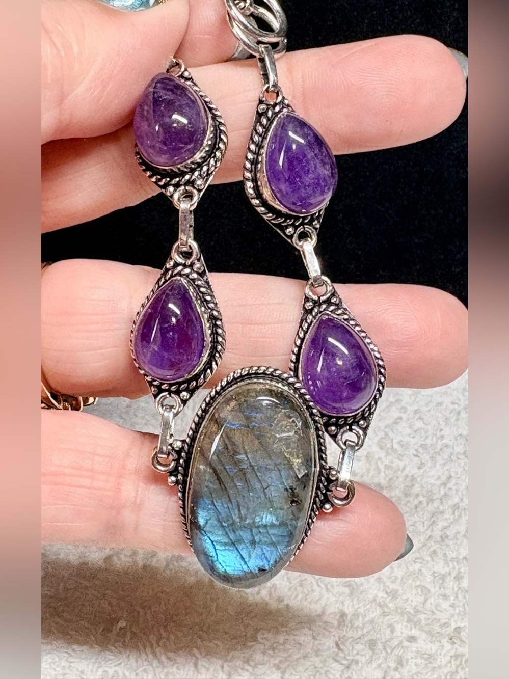 Labradorite and Amethyst Sterling Bracelet - Iridescent Blue & Purple